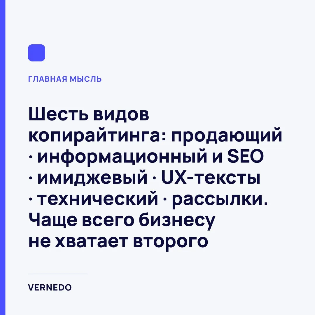 карточка: шесть видов копирайтинга - продающий, информационный и SEO, имиджевый, UX-тексты, технический, рассылки - и чем измеряют каждый